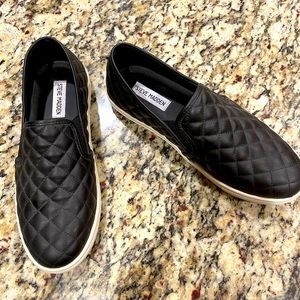 Steve Madden Black Leather Quilted Slip Ons